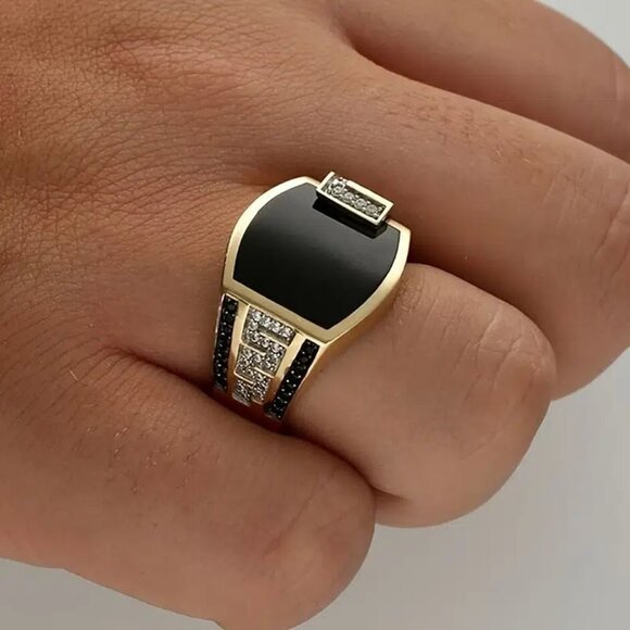 Black Agate Tungsten Steel Gold plated Mens CZ Diamond Ring NWT - Picture 5 of 5